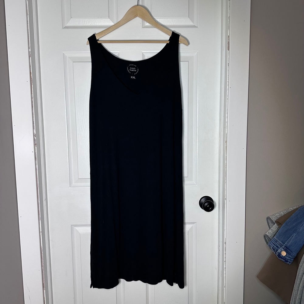 Cozy Earth Black Bamboo Ribbed V-Neck Sleeveless Lounge Midi Dress XXL Womens‎